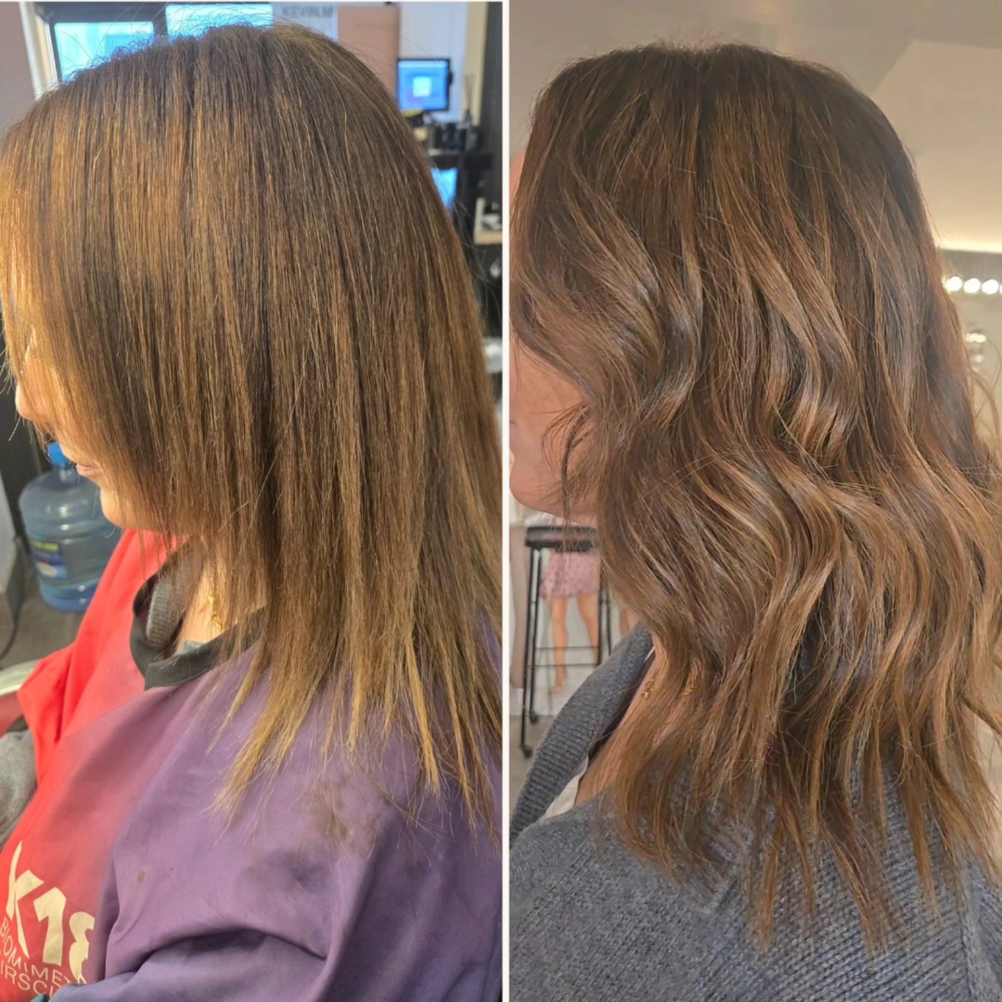 Brunette colour transformation — before and after.