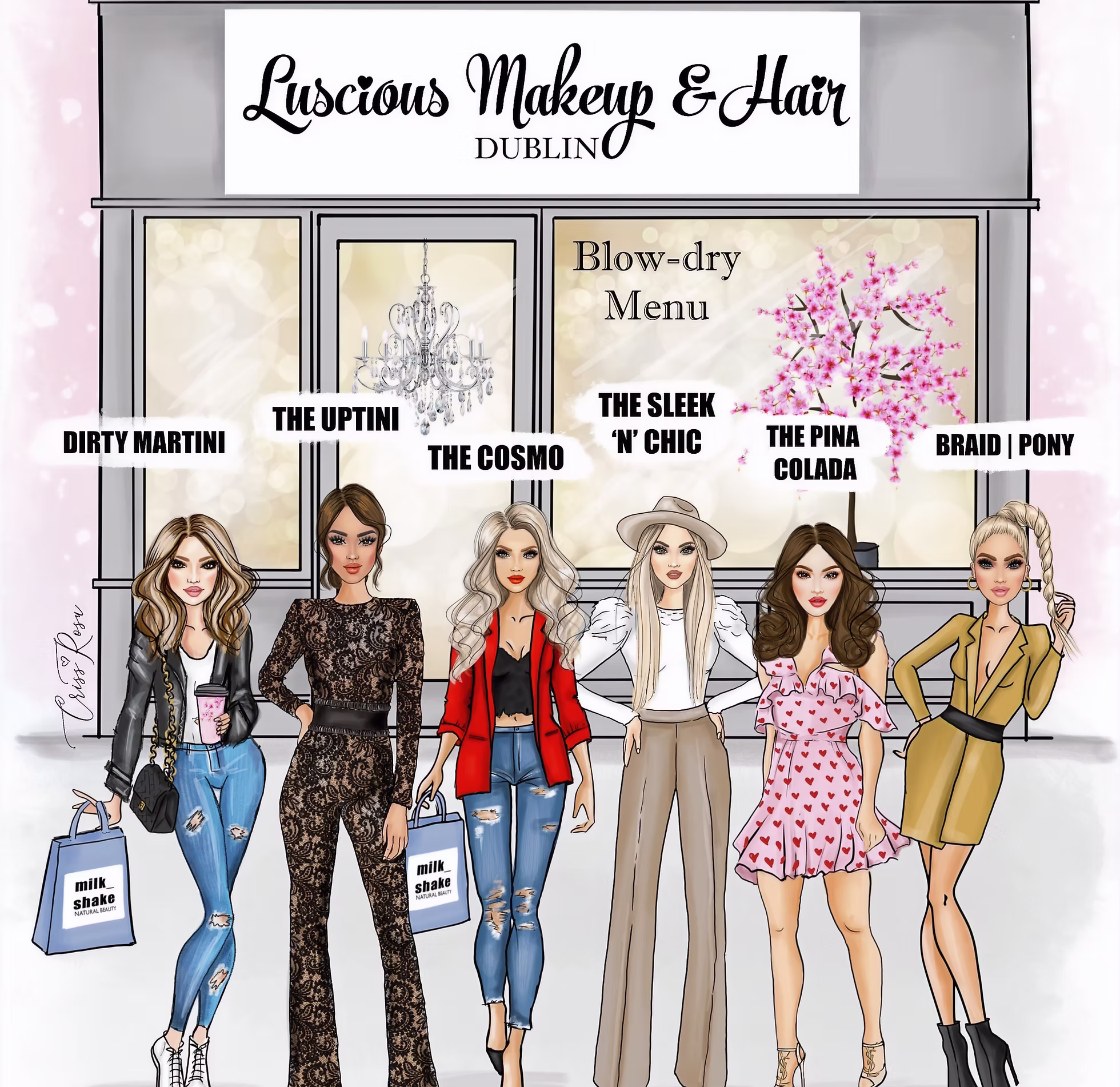 The Luscious blow-dry menu — six illustrated styles: Dirty Martini, The Uptini, The Cosmo, The Sleek 'n' Chic, The Pina Colada, and Braid / Pony.